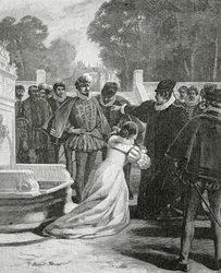 Królowa Elżbieta i hrabia Leicester, XIX w. (grawerowanie bw)